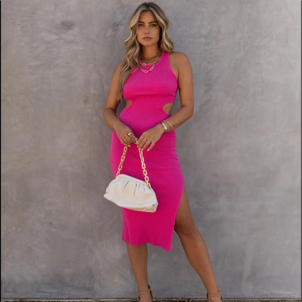 Vici BRAND NEW, NEVER WORN Size XS Ribbed Cutout Knit Midi Dress in Hot Pink